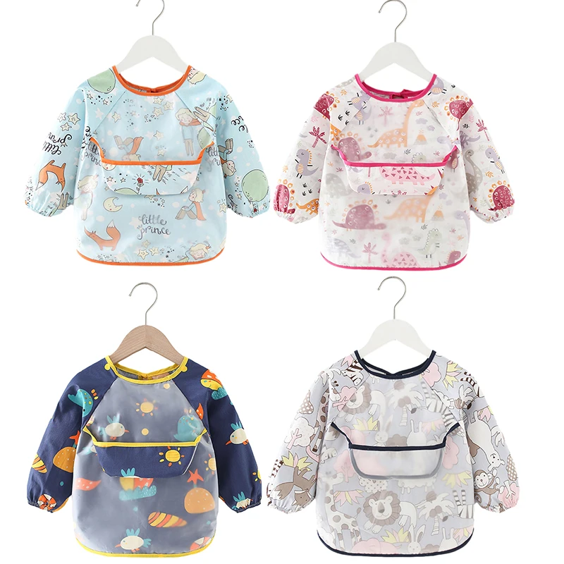 Baberos impermeables de manga larga para beb&eacute;, pa&ntilde;os para eructar de dibujos animados para alimentaci&oacute;n de beb&eacute;, delantal antidesgaste con bolsillo para ni&ntilde;o y ni&ntilde;a-0