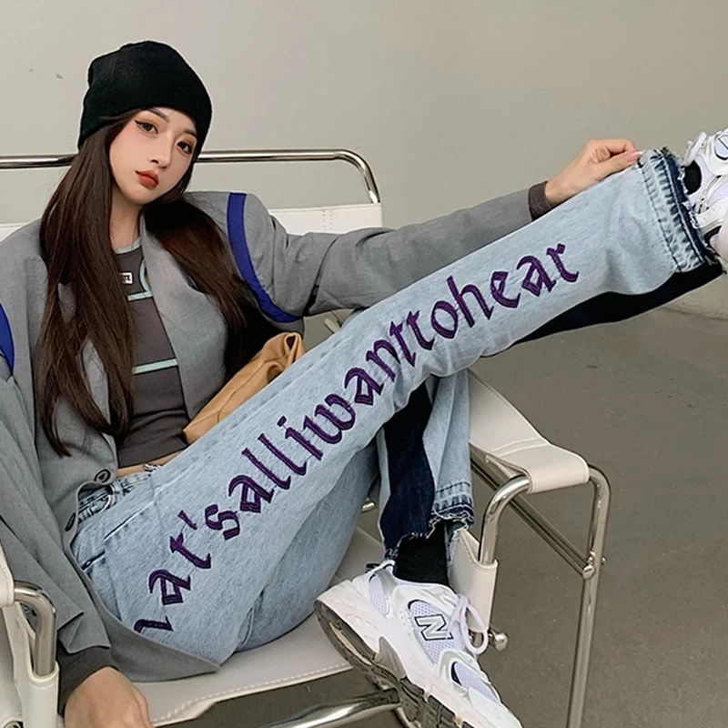 

CZJMS Autumn Vintage Embroidery Denim Jeans Women Letters Casual Jeans Loose High Waisted Straight Pants Fashion Streetwear 2021