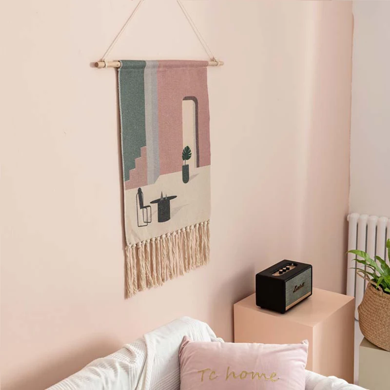 

Tapestry Decoration Bedroom Hanging Cloth Nordic Hand-Woven Wind Cloth Background Cloth Tassel Branch Color Living Room