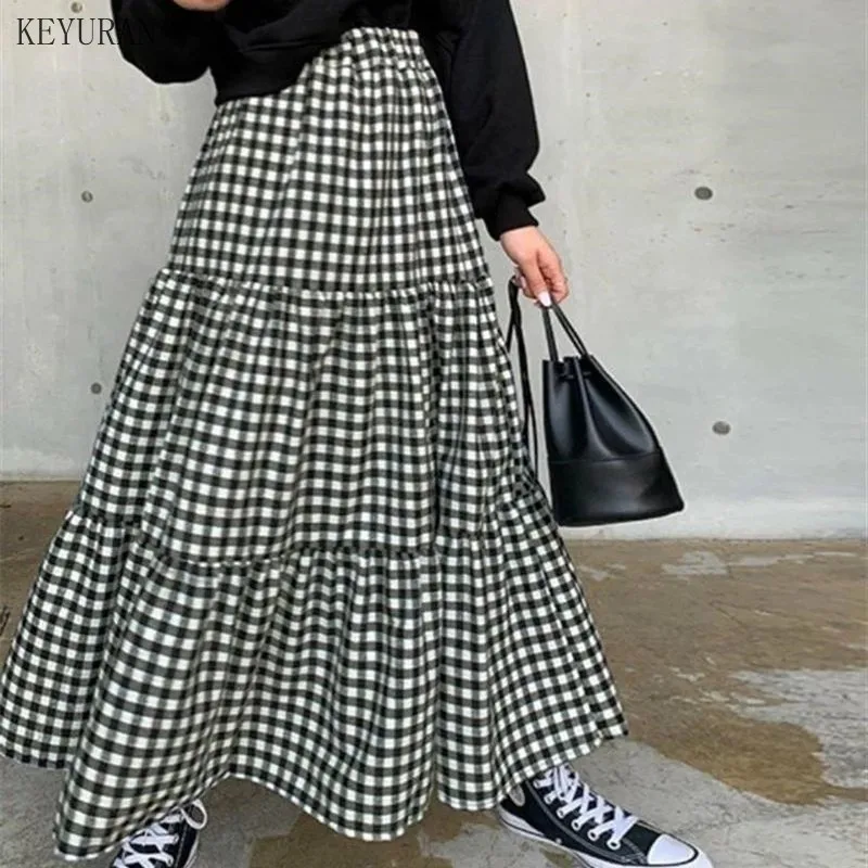 

Korea Chic Korean Plaid Woman Skirts High Waist A-line Patchwork Ruffle Skirt Causal 2021 Spring New Faldas Mujer