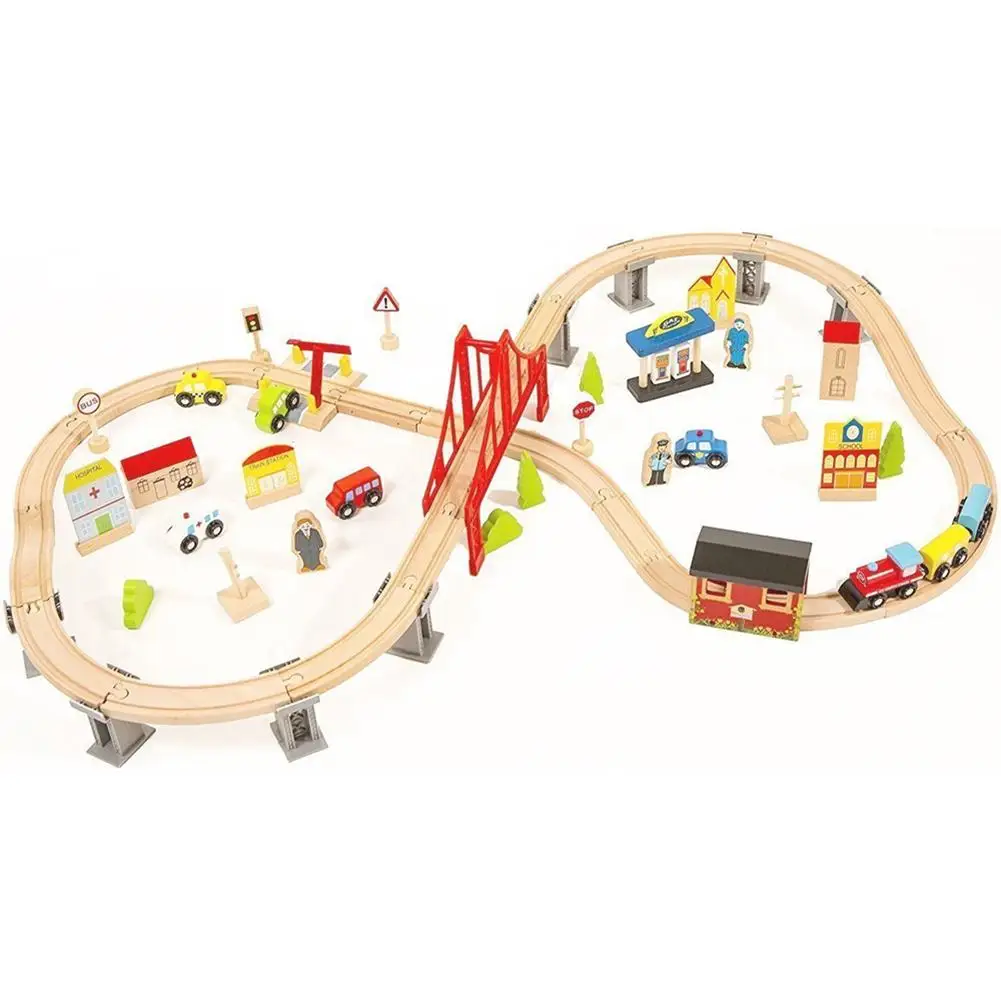 

70pcs Wooden Track Train Set Car Wash Room Wooden Railway Car Educational Puzzle Toys Compatible Brand Wooden Track Toys for Boy