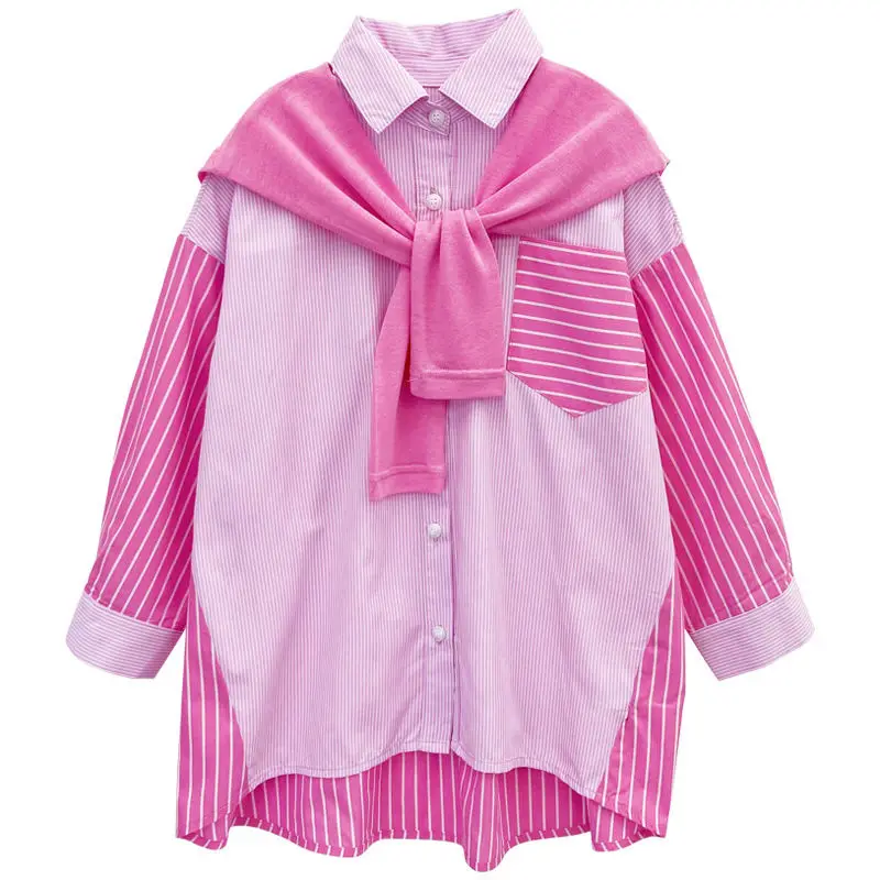 

Korean Pink Striped Shirts for Teenage Girls Children Cotton Turn-down Collar Stripe Patchwork Tops Kids Long Sleeve Blouses