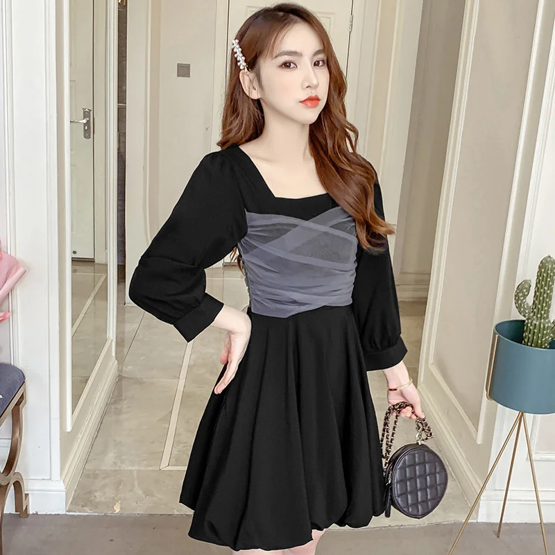 2021 Autumn Long Sleeve New Waist-Controlled Lace-Up Slimming Collar Base Mesh Stitching Small Black Dress | Женская одежда