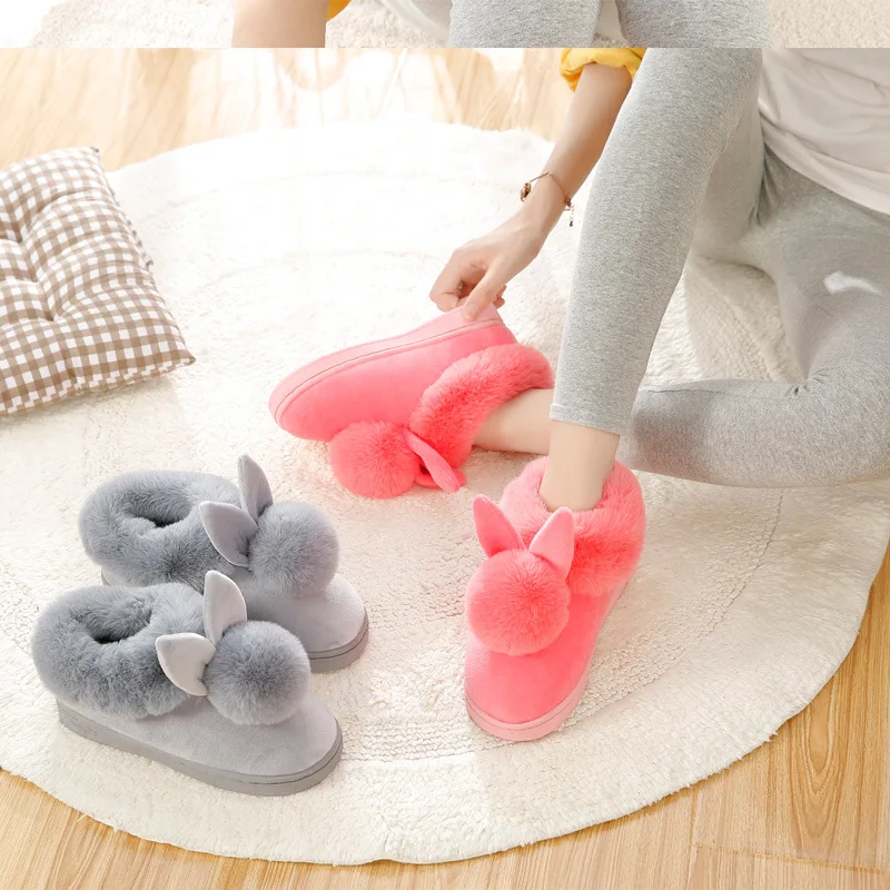 

Women's Lovely Rabbit Fluffy Shoes Female Pompom Fuzzy Slides With Fur Winter Home Slippers Woman Slip On Furry Shoes