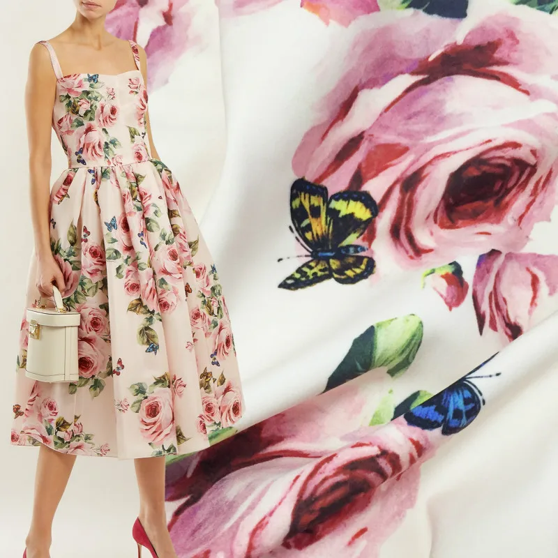 

Spring Summer Brand Hot Sale Fabric Flower Dress Printed Polyester Stretch Satin Fabrics Cloth for Dress Clothing Material