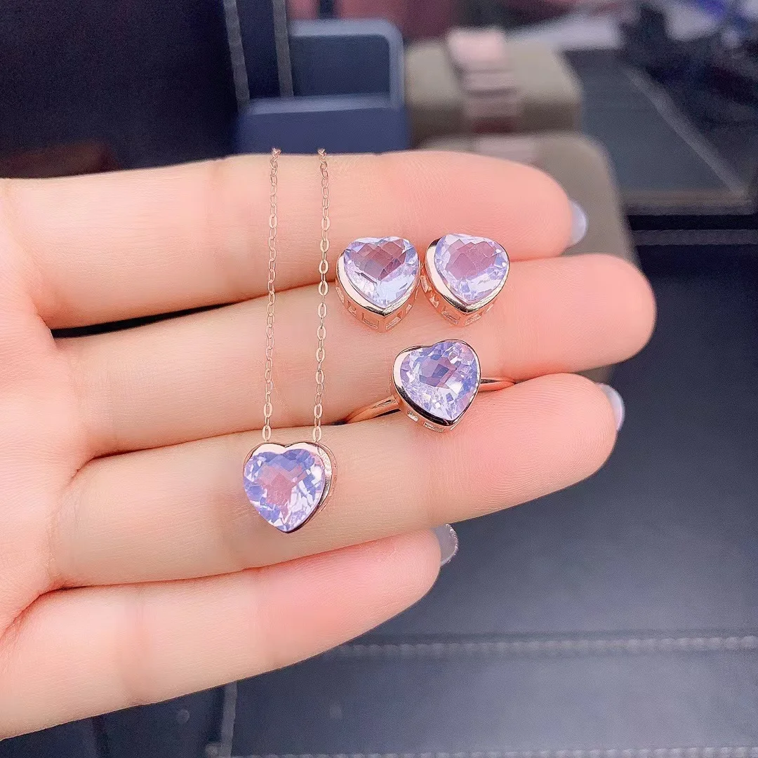 Silver Jewelry Gift Natural Lavender Quartz Heart Engagement Set Sterling Silver 925 Ring Earrings Pendant Women Jewelry