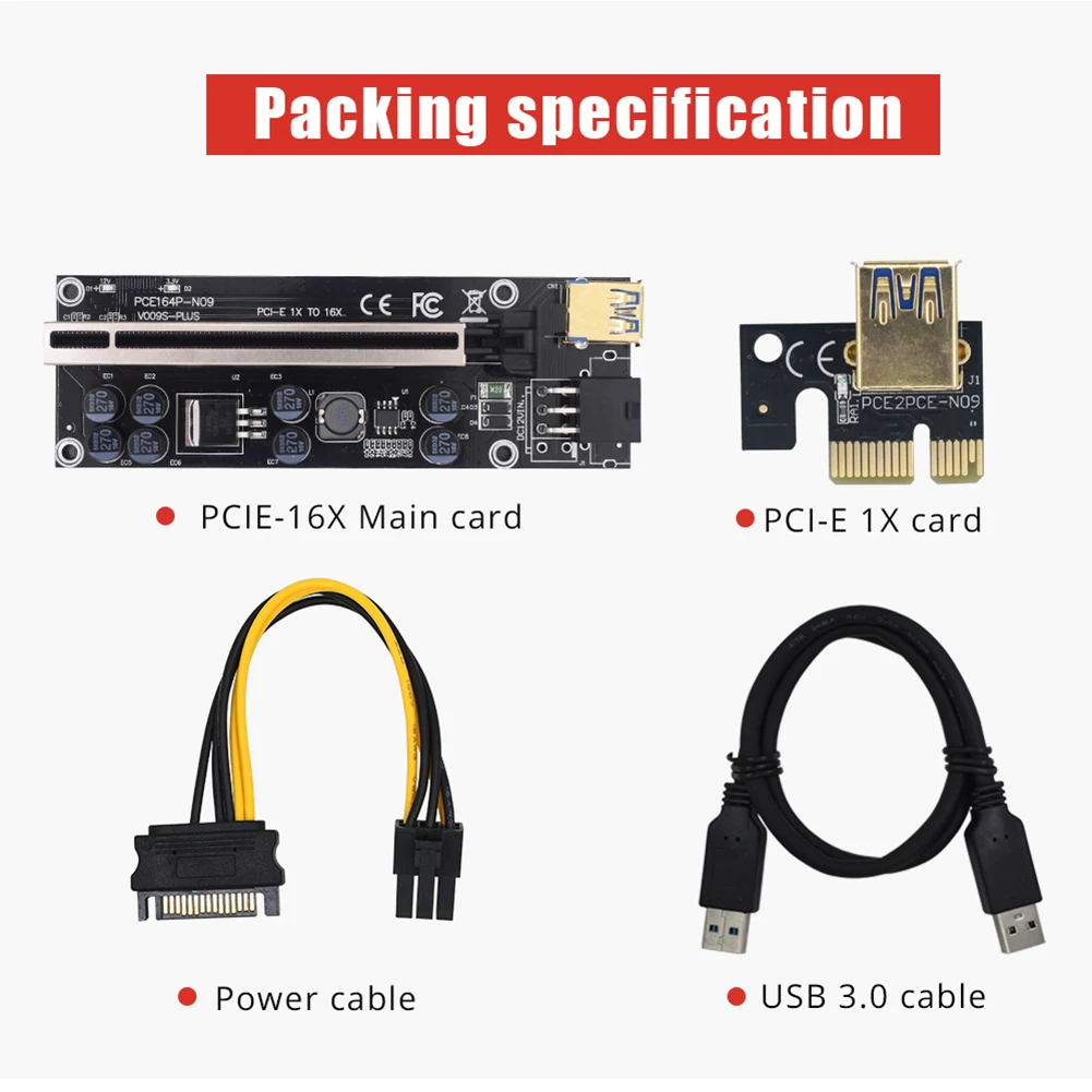 

PCI Express Riser Card 1X to 16X PCI-E Extender USB 3.0 Cable 6Pin Power Supply PCI Express 1X 16X USB3.0 Extender Mining Miner