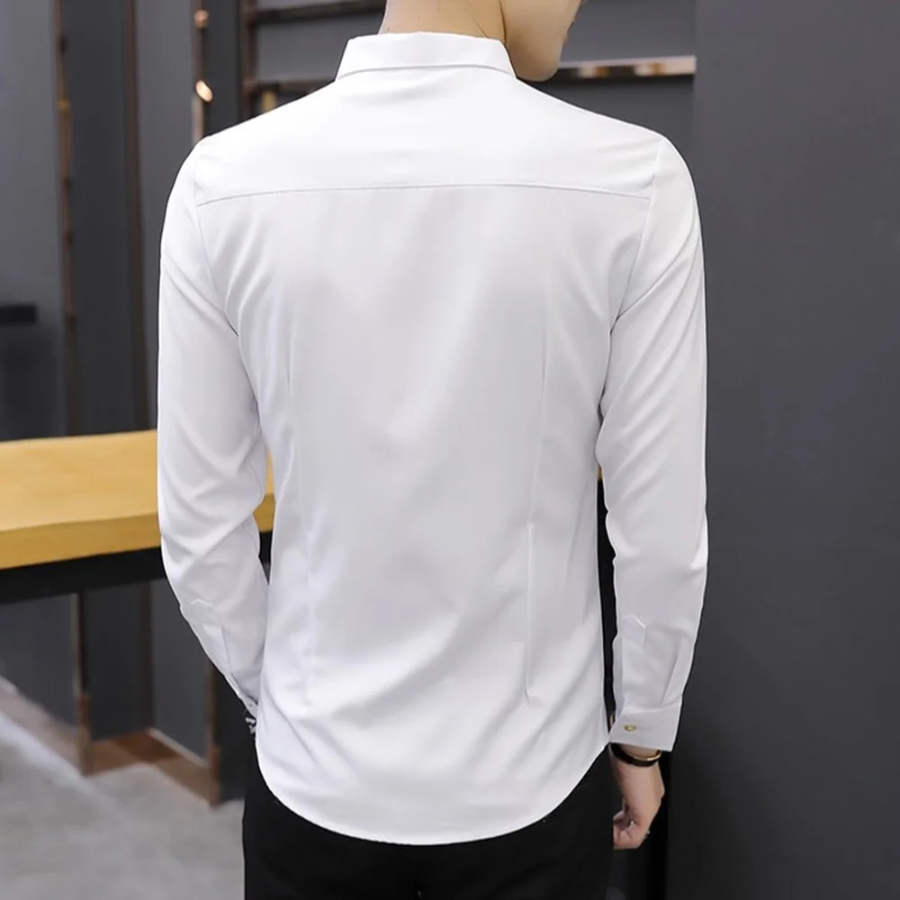 Men's Solid Shirt Metal Button Slim Fit Long Sleeve Chemise Homme Soft Comfort Men Clothing Tops Business Vintage Shirts Male