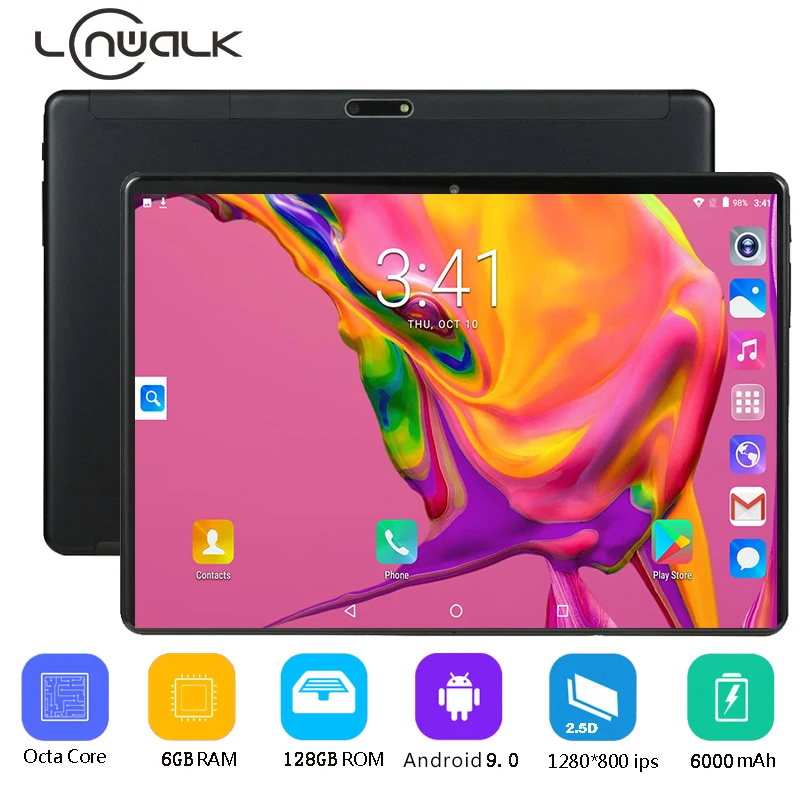 10 дюймов Android планшет 6 ГБ ОЗУ 128 Гб ПЗУ Google Android 9,0 OS Двойная камера WiFi 1280x800 ips 2.5D 3G 4g FDD LTE карта 64G