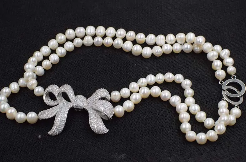 

2rows freshwater pearl white near round 8-9mm necklace 17-18inch FPPJ wholesale beads nature