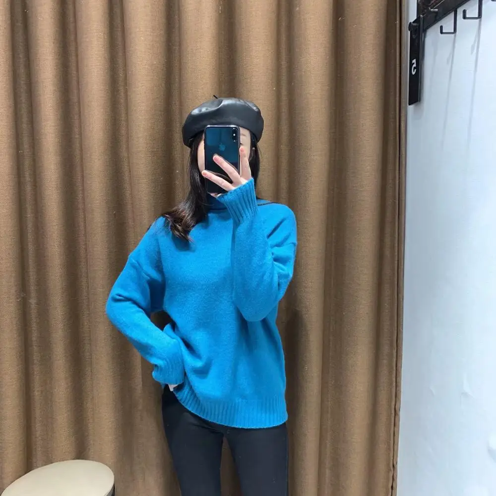 ZA новый весенний женский синий однотонный Водолазка с длинным рукавом Базовый