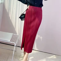 2021 new miyak pleated women skirts fashion solid elastic high waist fork skirt