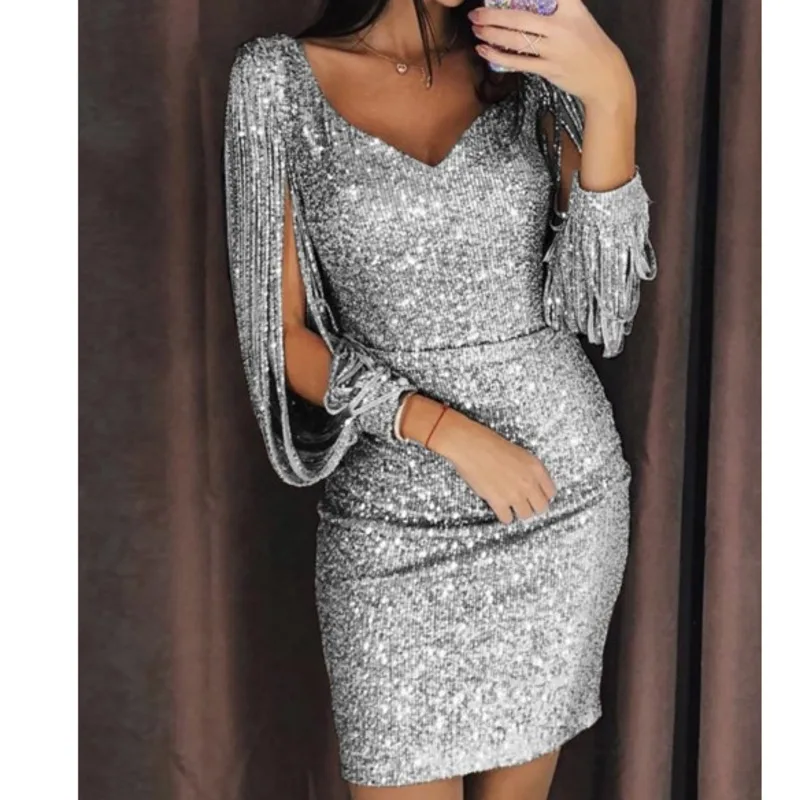 

2021 Summer New Party Dresses Women Fashion Long Sleeve V-neck Tassel Hollow Out Bodyson Slim Mini Dress Glitter Skinny Vestidos