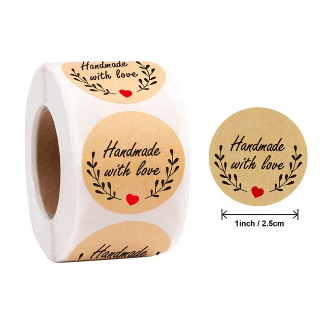Round 25mm &quotHandmade With Love&quot Kraft Paper Stickers Adhesive Labels Baking wedding decoration birthday party Sealing Sticker | Дом и