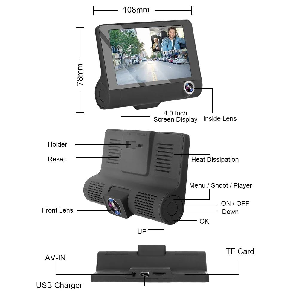 

4.0 Inch Dash Camera Dash Cam Dual Lens Support Rearview Camera Video Recorder DVR 3 Cameras Lens Car DVR Auto Registrator