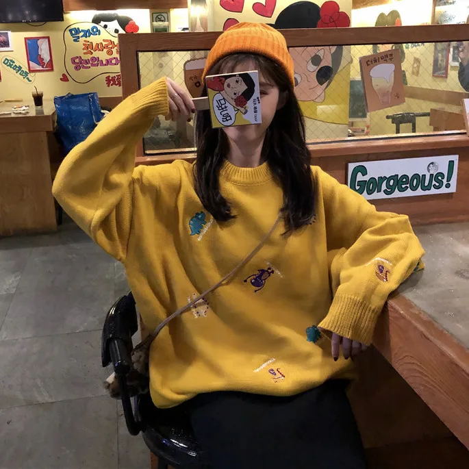 Женские свитера в японском стиле Kawaii Ulzzang Свободный пуловер с вышивкой женский