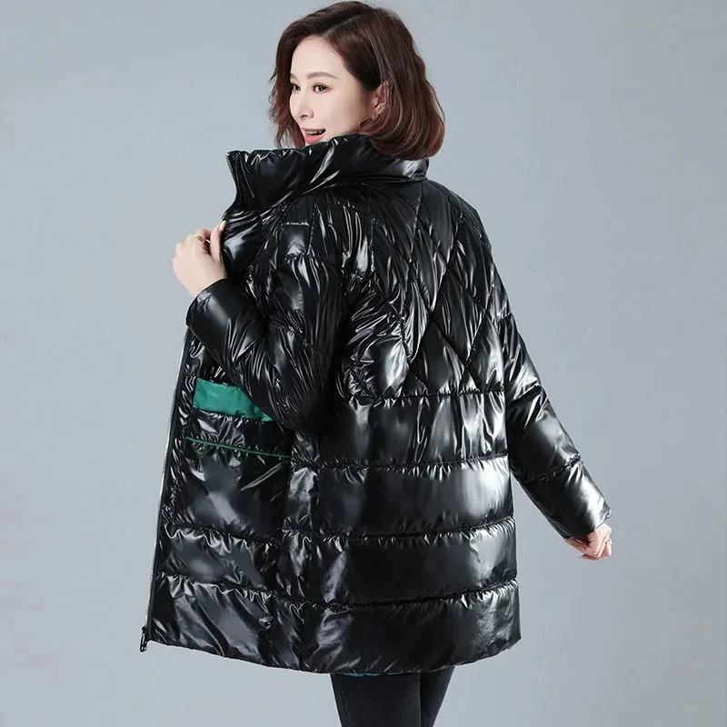 Women's Winter Coat Cotton-Padded Jacket Female's long Bright-Faced Down Cotton Jacket 2022 Korean Loose Padded Jacket Black 112