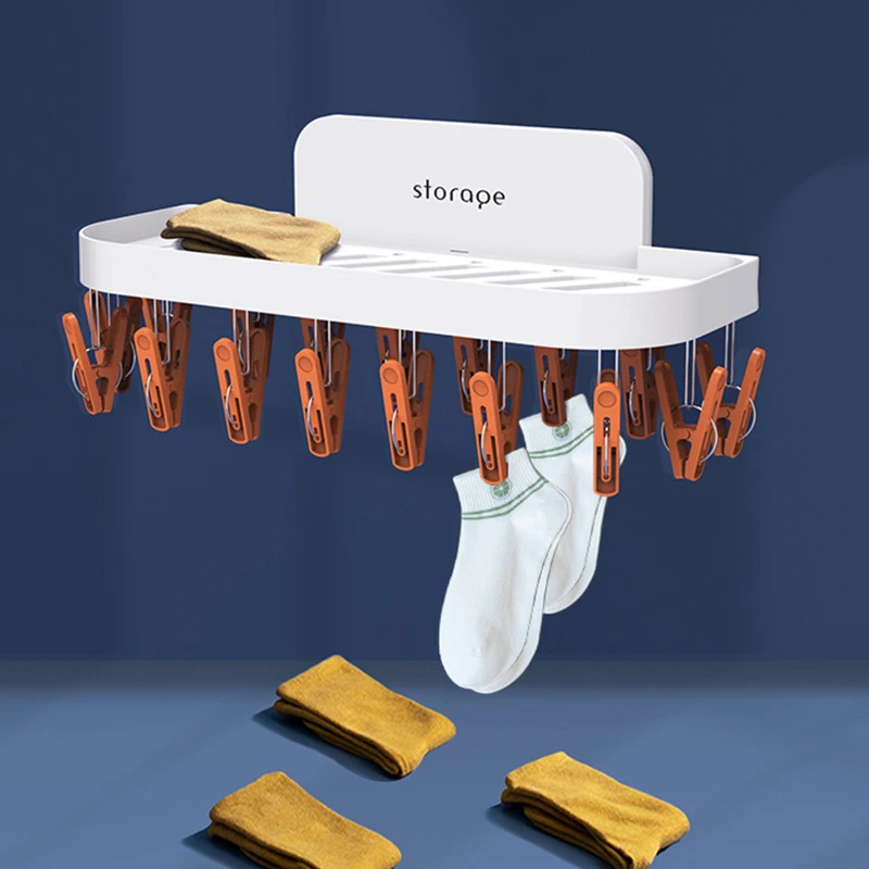 

Настенная Складная Сушилка с 17 прищепками, вешалка для пальто, ветрозащитные крючки, Органайзер Домашний для хранения, аксессуары для ванно...