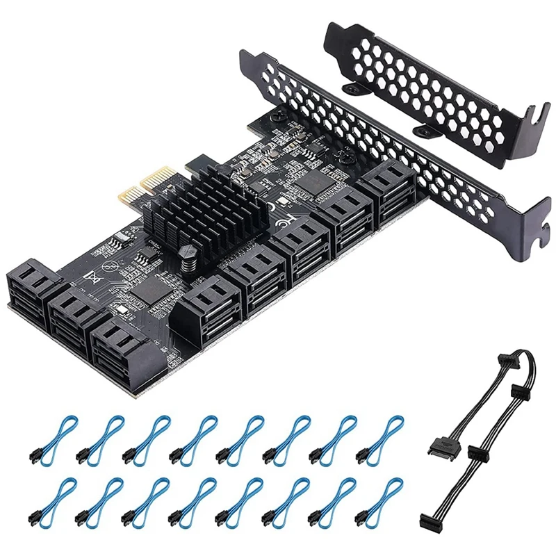 PCIE to 16-Port SATA3.0 Hard Disk 6G Expansion Card SATA 3.0 Controller Expansion Card Supports 16 SATA Cables (1X)