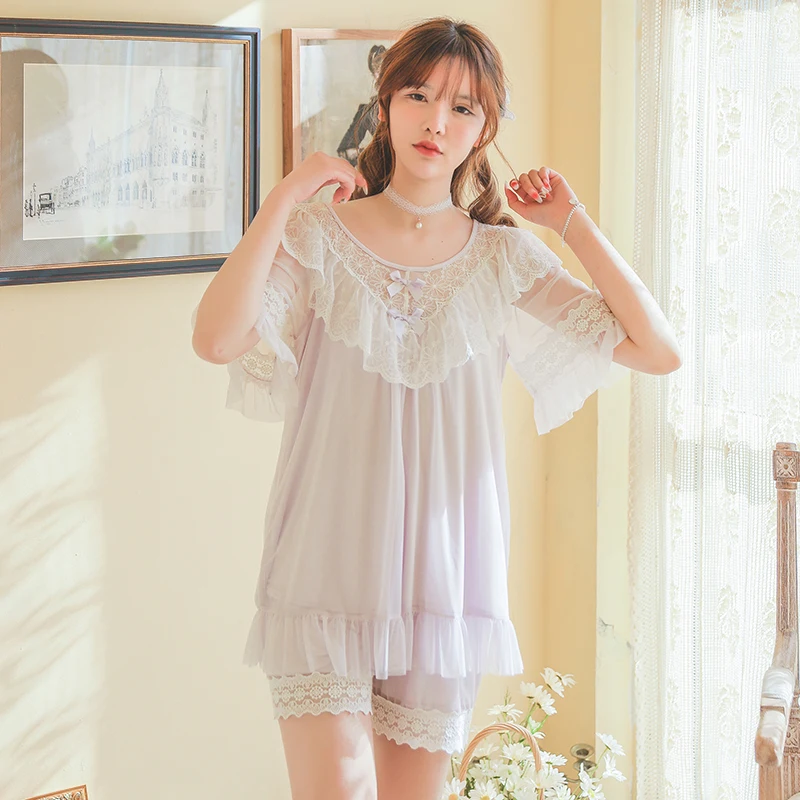 

Fairy Pajamas Set Women Sweet Shorts Short Sleeve Sleepwear Two-Piece Set Beautiful Sexy Round Neck Mesh Lace Homewear Summer