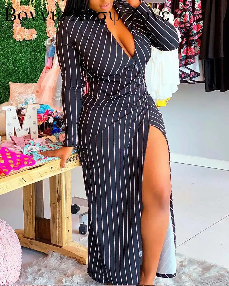 Women V Neck Long Sleeve Striped Button Decor Split Thigh Maxi Dress