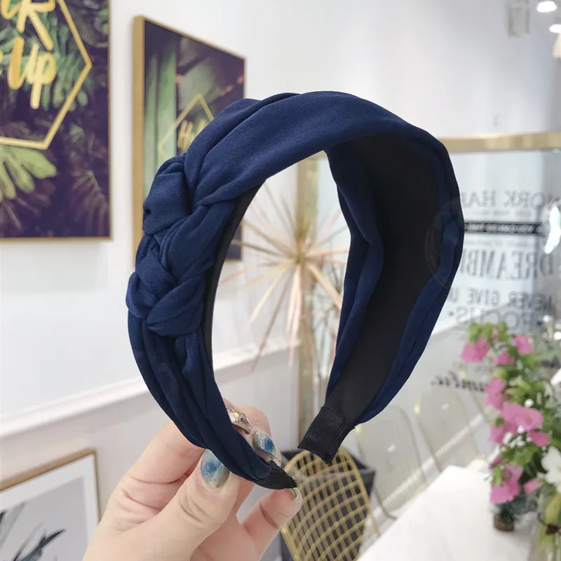 Blue Модная эластичная повязка на голову для девушек, ручная работа, тканевая лента для волос с поперечным плетением, широкая сторона, обруч для волос для девушек, головной убор, ювелирное изделие - Окраска металла: Blue