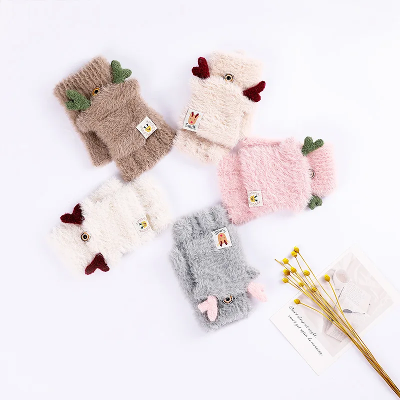 

Korean imitation mink hair half finger gloves flip gloves winter plush and thick warm office girl gloves
