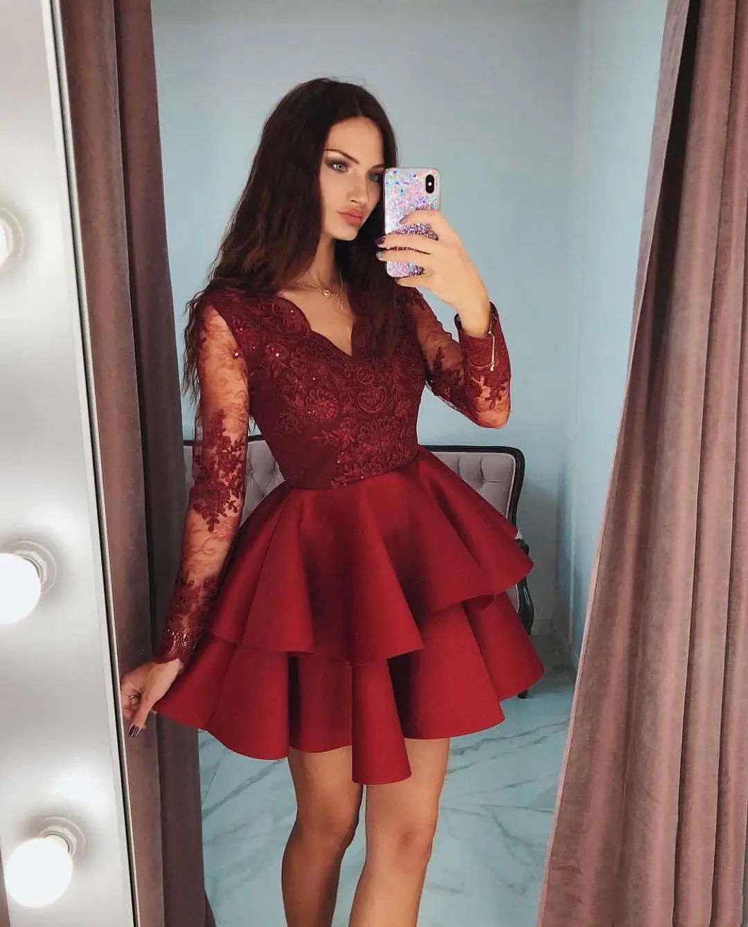 

Bespoke Occasion Dresses Burgundy Embroidery Full Sleeves Deep V-Neck Pleat Knee-Length A-Line Women Formal Evening Gown H785