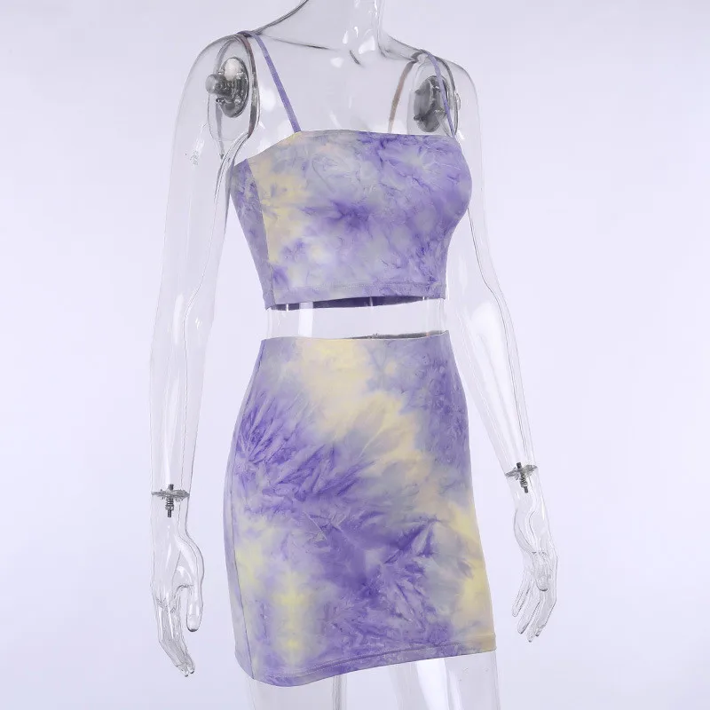 

Two piece tie dye sets summer sexy navel bare crop top high waist skirts streetwear fitness outfit tracksuit 2 pices short sets