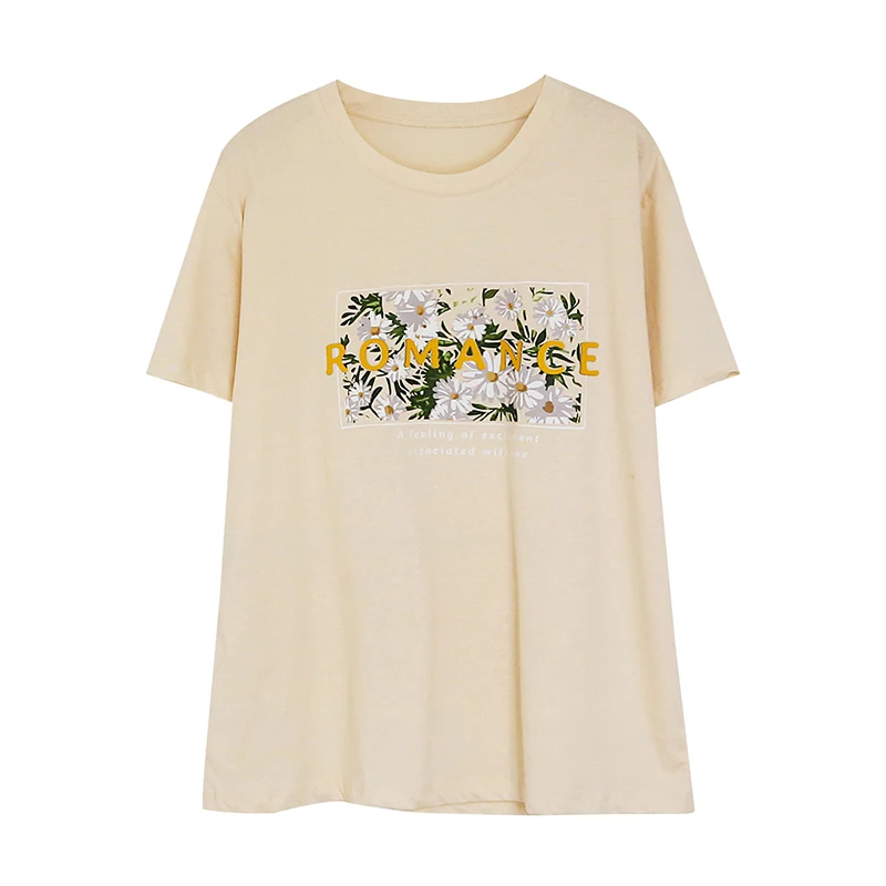 

Yellow Floral Printed O Neck Knit White Tshirt Top Women Summer Casual T Shirt Basic Streetwear Short Sleeve Tops Clothes Woman