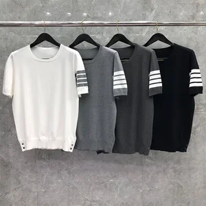 TB THOM T-Shirt Summer Men T-shirt Fashion Brand Tees Ice Silk Cotton 4-Bar Stripe Knitted Solid Short Sleeve Sweatshirt
