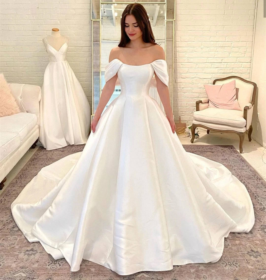 Женское Атласное Бальное Платье Белое платье в пол со шлейфом с коротким рукавом