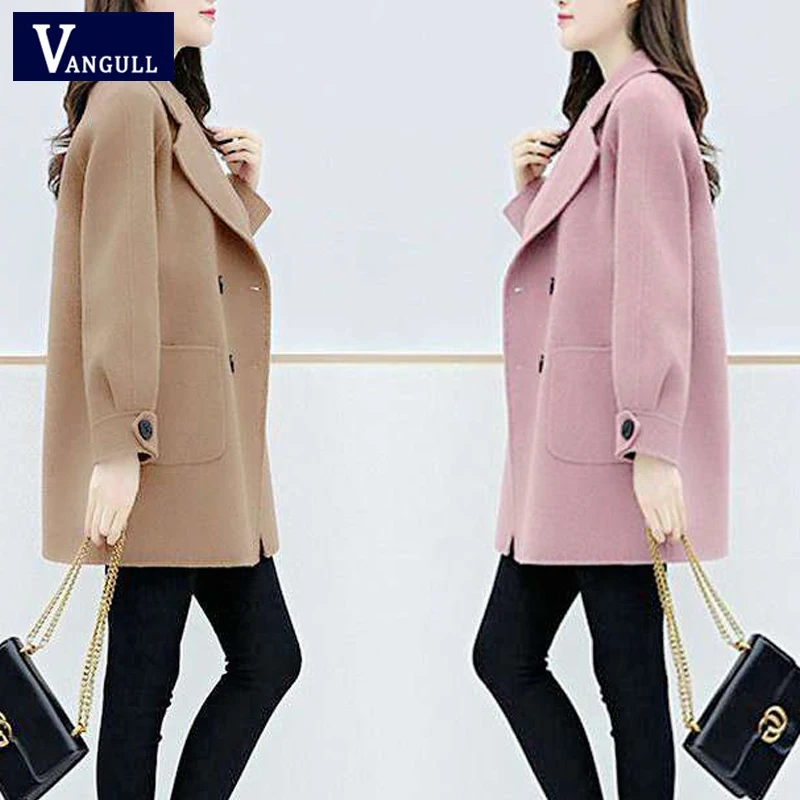 Vangull Women Wool Coat Winter Fall Single Breasted Long Coats Solid Turn-down Collar Loose Korean Female Jackets Outerewar | Женская