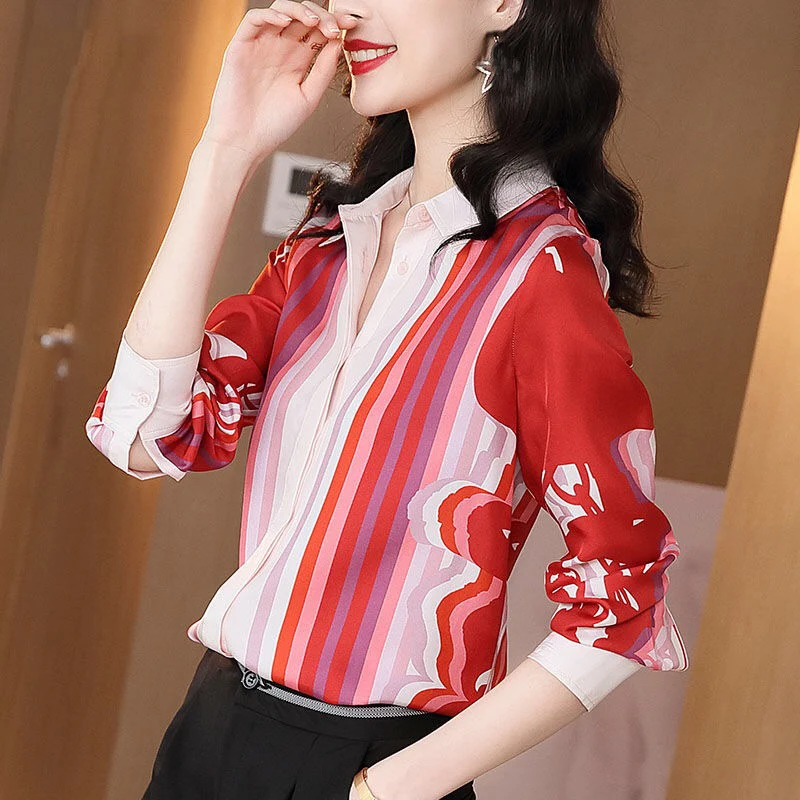 Женская блузка с длинным рукавом красная полосатая цветочным принтом корейские