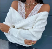 sexy solid color lace v neck sling strapless long sleeved womens top casual elegant knitted all match office stitching t shirt