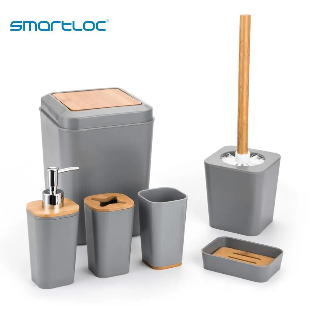 Gray set-6 Набор из 6 пластиковых аксессуаров smartloc для ванной комнаты Набор держатель для зубной пасты и для зубной щетки Диспенсер Чехол мыльница для душа для хранения черный - Цвет: Gray set-6
