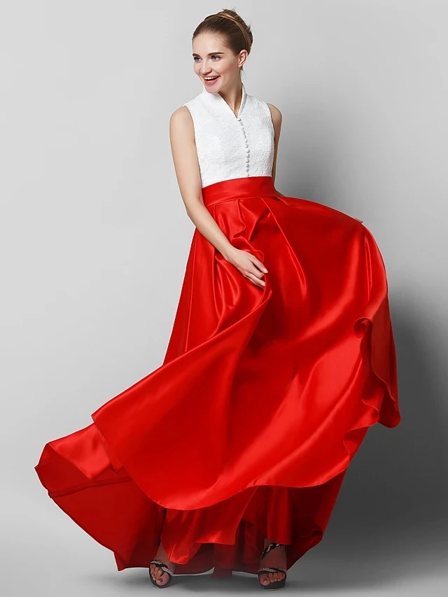 

Женское вечернее атласное платье, элегантное красное/Белое платье до пола без рукавов с высоким воротом, бальное платье для выпусквечерние ...