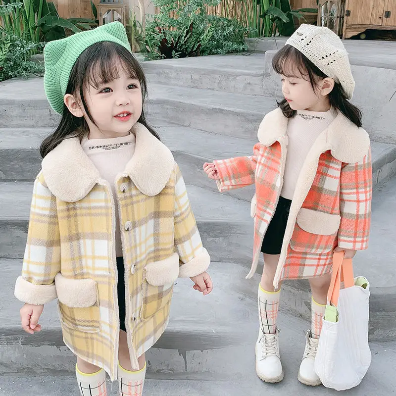 Hot Sale 2021 Fall Winter New Girls Thicken Long Plaid Woolen Jacket Children's Clothes Outerwear Kids Princess Woollen Coat X49 | Детская