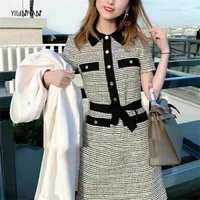 yilinhan dress high street autumn patchwork black white lapel short sleeve with pockets buttons two pieces dress women sets