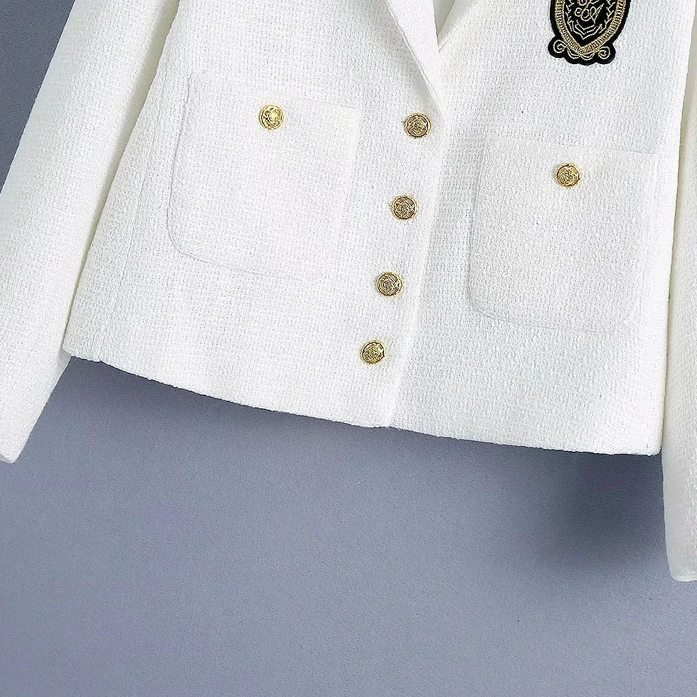 

BBWM Fashion Vintage College Style Women WhiteTweed Jacket Single-breasted Pocket Long Sleeve Female Uniform Coat Casaco Femme