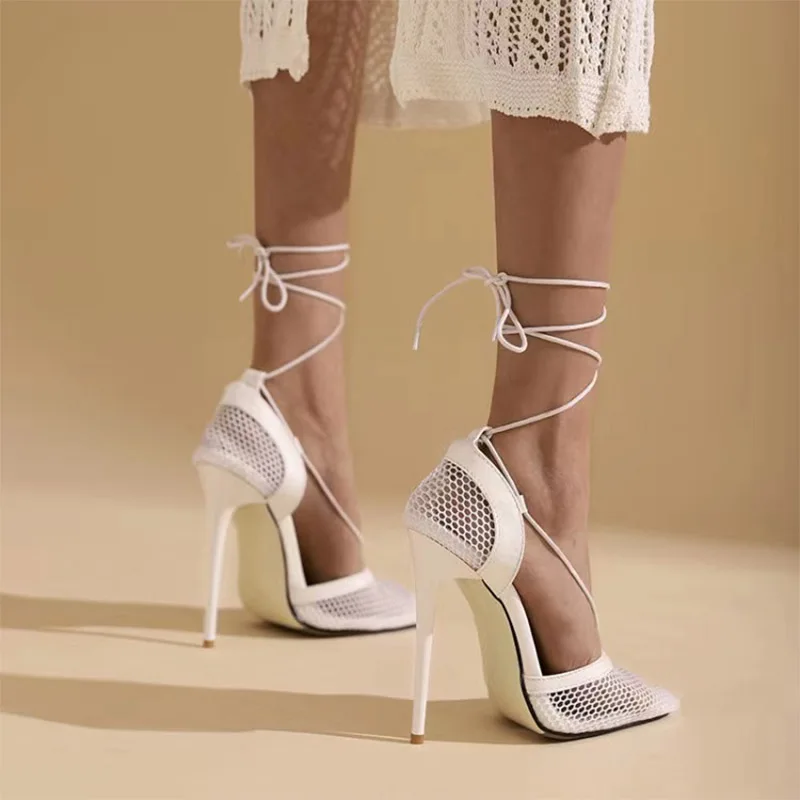 

2021 Summer Autumn Sexy Mesh Pumps sandals Female Square Toe high heel Lace Up Cross-tied Stiletto hollow Dress Pumps shoes