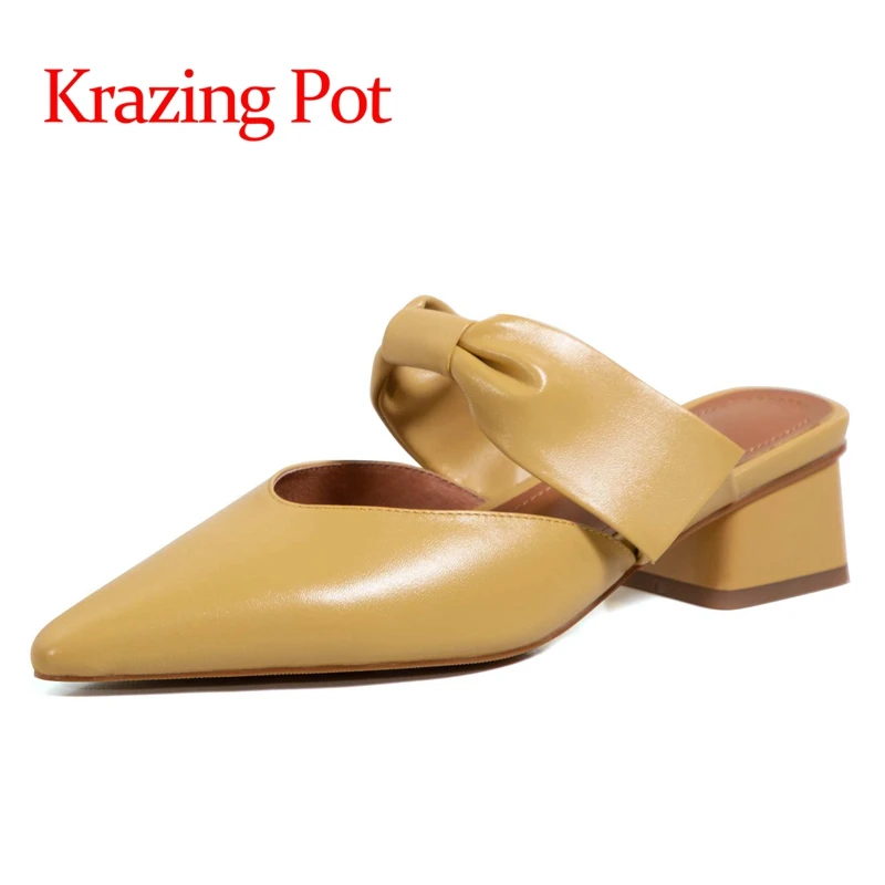 

Krazing pot cow leather pointed toe shallow med heel gentlewomen young lady mature French romantic slip on women sandals L90