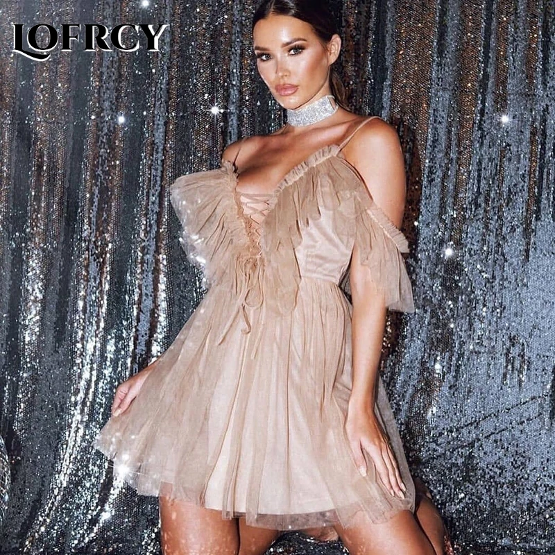 Женское Сетчатое платье с оборками Lofrcy соблазнительное на бретельках короткими