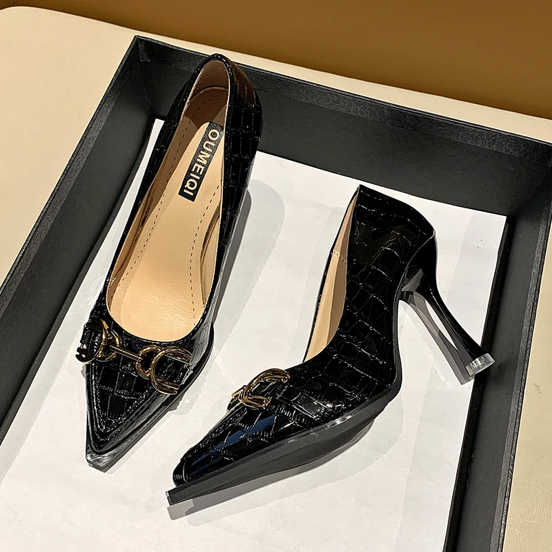 

9Cm 2021 Autumn Winter Women High Heels Pumps Pointed Toe Luxury Elegant Lady Shoes Metal Decorations Office Ladies Sexy