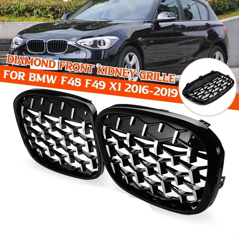 

2PCS Front Kidney Diamond Meteor Style Grille Grills for -BMW X1 F48 F49 2016 2017-2019 Racing Grills Chrome+Black