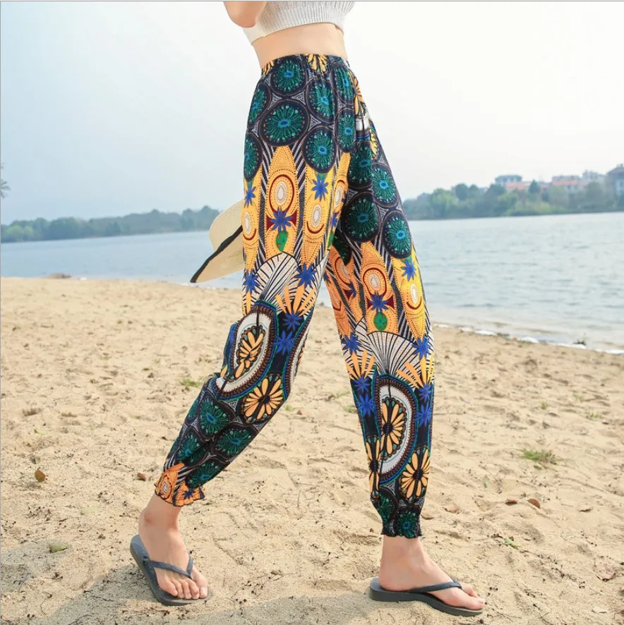 

Women's Taro Bohemia flower wholesale summer ladies cotton casual pants beach pants home leisure nine points harem pants S-2XL