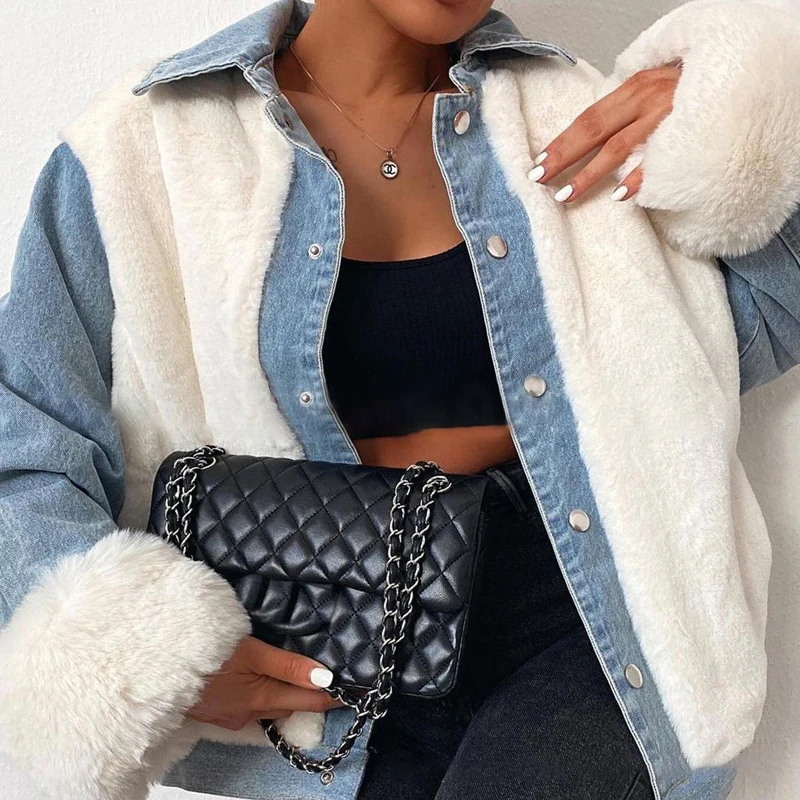 

Women Denim jacket casual patchwork plush lamb wool and denim stitching thick warm jacket short coatsautumn winter outwear tops