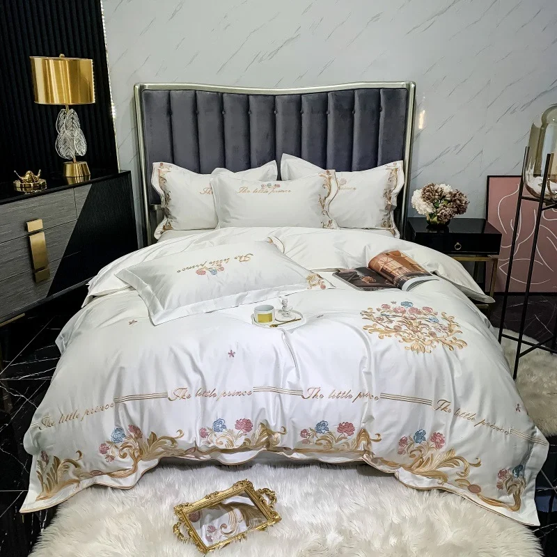 

High quality Embroidery Duvet /Comforter Cover Set Pink White Premium Egyptian Cotton Bedding set Luxury Queen size Bed sheet