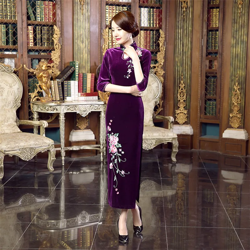 

Long Style Woman Floral Chinese Traditional Costumes Qipao Cheongsam Split Dress Oriental Bodycon Velvet Embroidery Dress