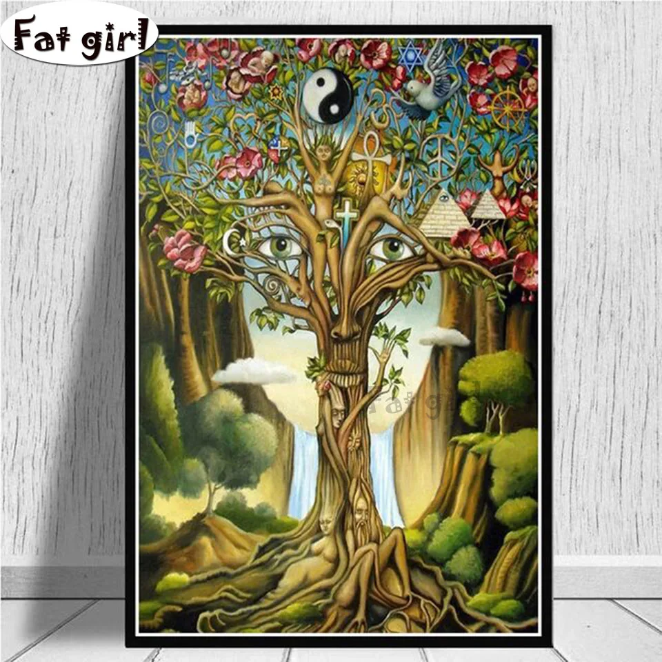 

Abstract art diamond painting square round Trees, people and birds full drill cross stitch embroidery mosaic 5D DIY home decor